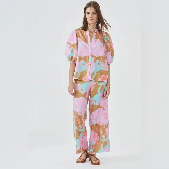 High-Waist Wide-Leg Floral Print Pants - Pink & Brown - Picture 3 of 11